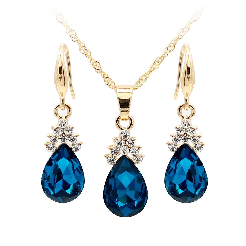 

Vintage Teardrop Rhinestone Women Jewelry Set Necklace Hook Earrings Pendants