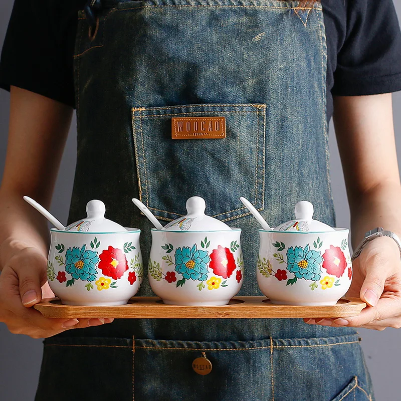 

Flower Design Ceramic Sugar Bowl Kitchen 3 In 1 Set Salt Condiment Pot Jars With Small Spoons