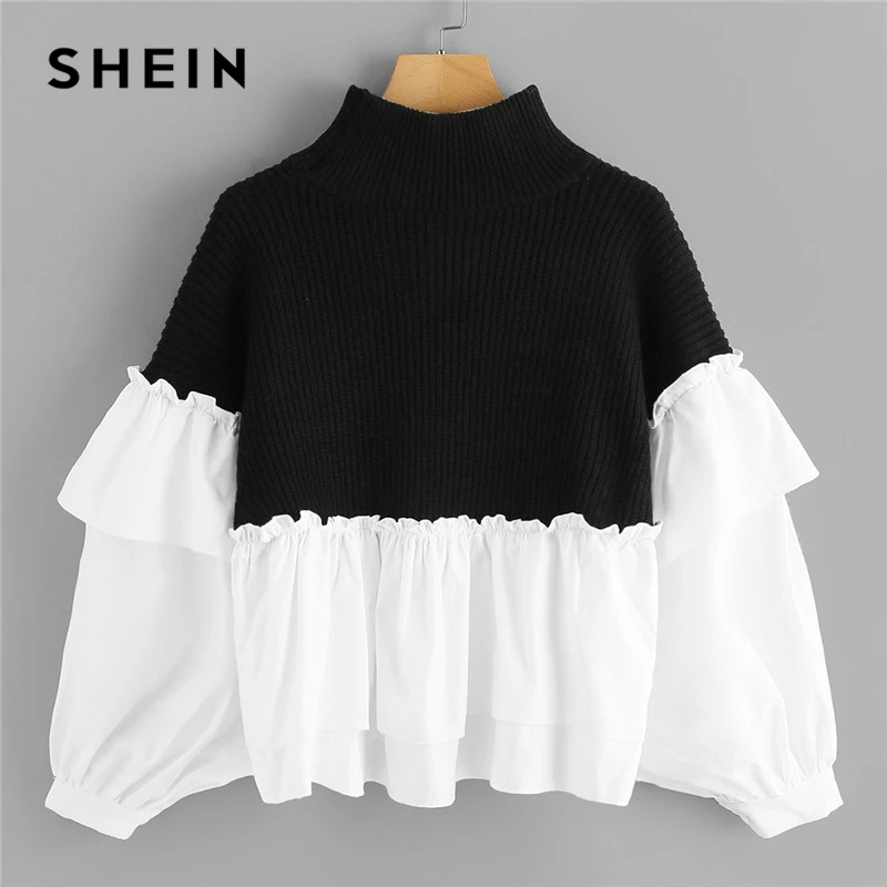 SHEIN Контрастная Комбинированная Блуза, Контрастный Джемпер С Отделкой И Широкими Рукавами
