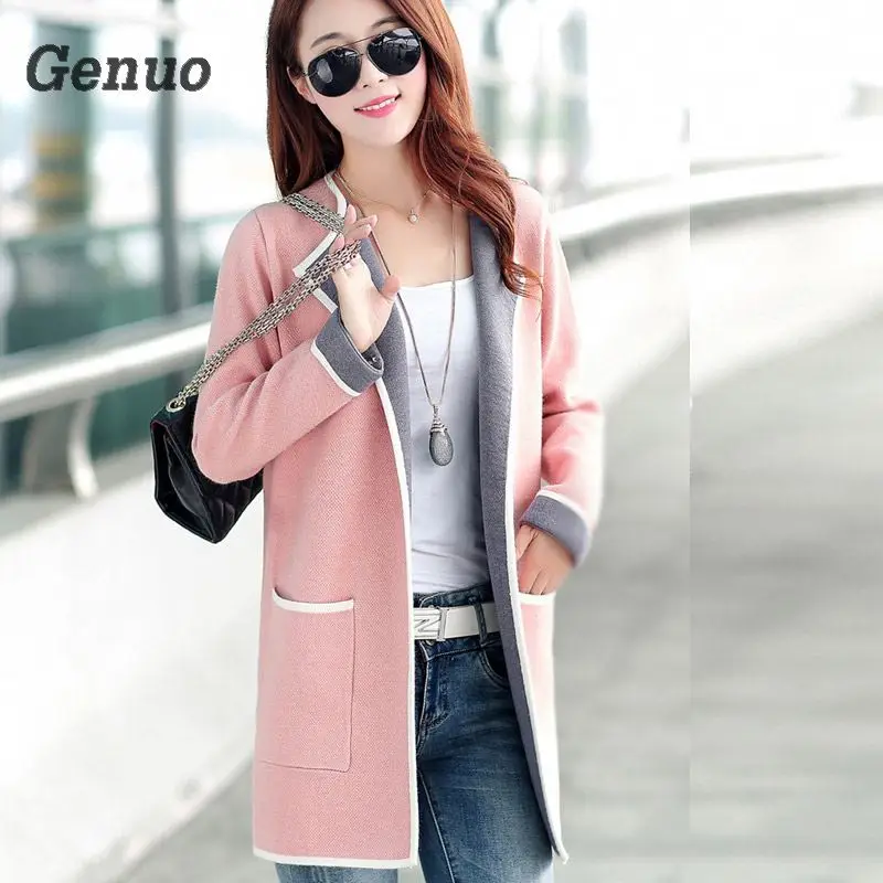 Genuo Women's Autumn Coat Grey/pink Patchwork Cardigans Sweater 2018 Knitted Open stitch Female overcoat Windbreaker Cardigan