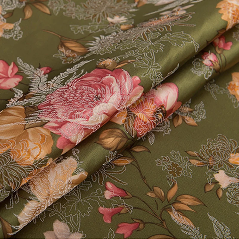 Новое поступление Полиэстеровая парча оливковая зеленая ткань с цветами пиона