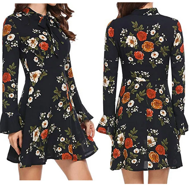 Fashion Autumn summer dress 2018 casual Flare elegant dress Long Sleeve O-Neck Floral Printed Mini party Dress vestido A27#N (22)