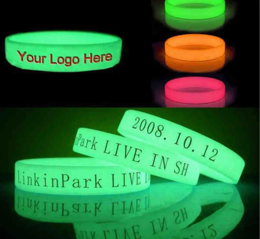

200pcs/lot glow in the dark silicone bracelets/ wristband with customized logo/ test printed,,luminous bangles DHL FREE SHIPPING