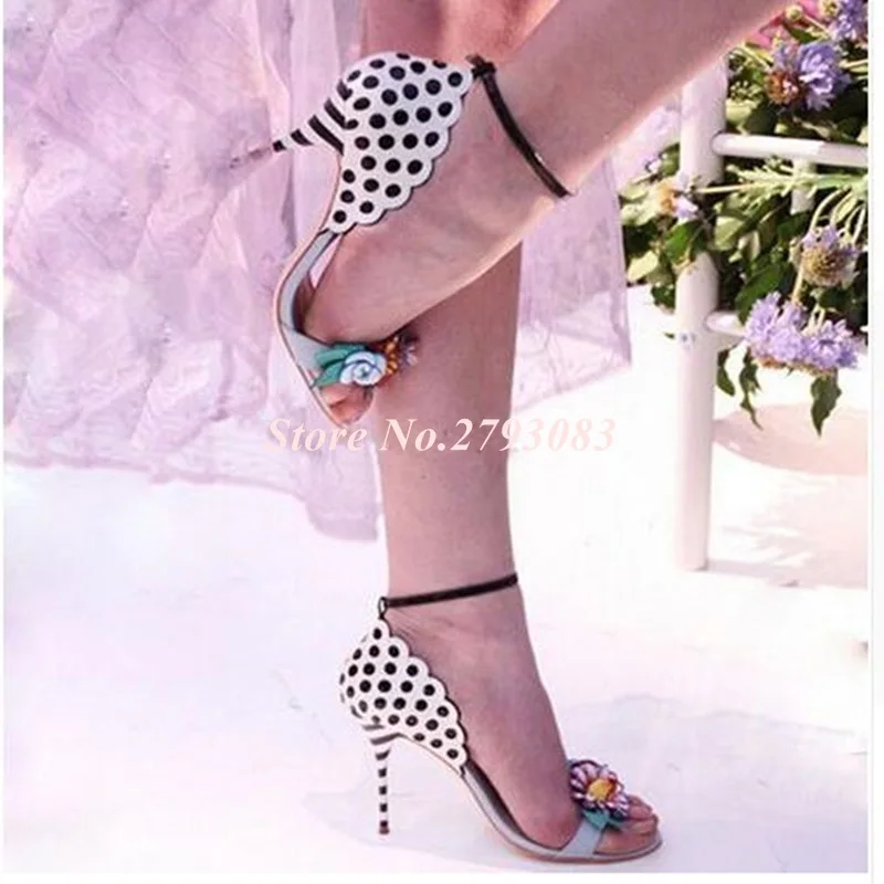 

Bright Flowers Leaves Sandals Thin Heels Ankle Strap Woman Polka Dot Stripe Sandals Stiletto Heels shoes