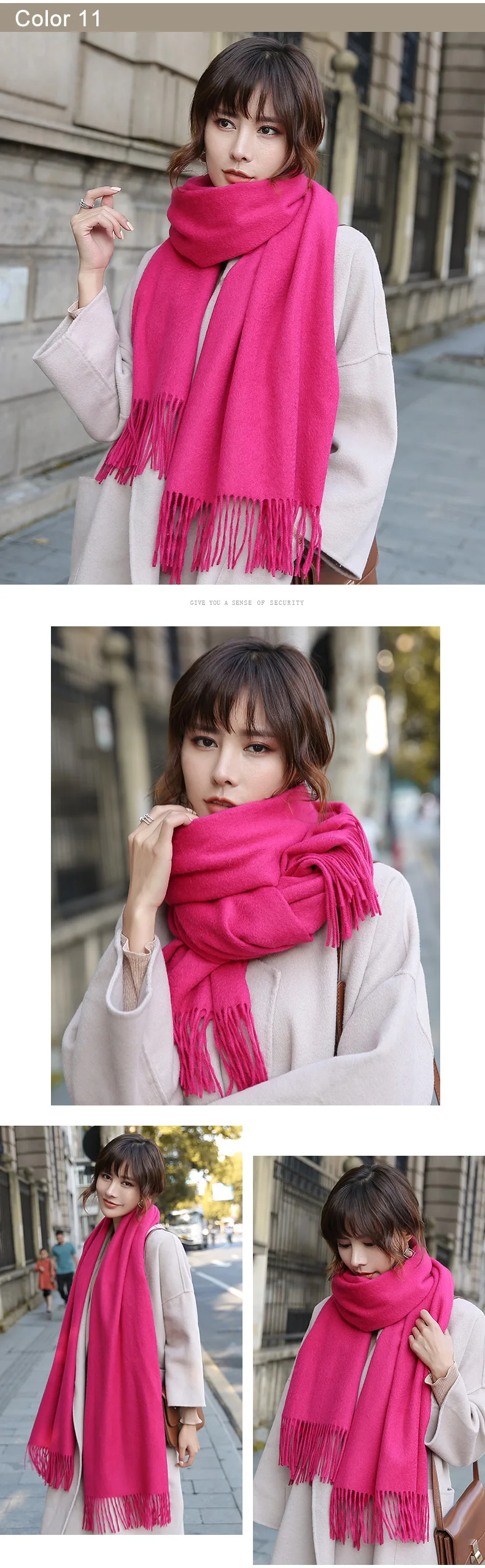 Натуральный шерстяной шарф, женский зимний шарф, шерсть, шали и палантины для девушек, Одноцветный шейный платок с кисточками, теплые кашемировые шарфы
