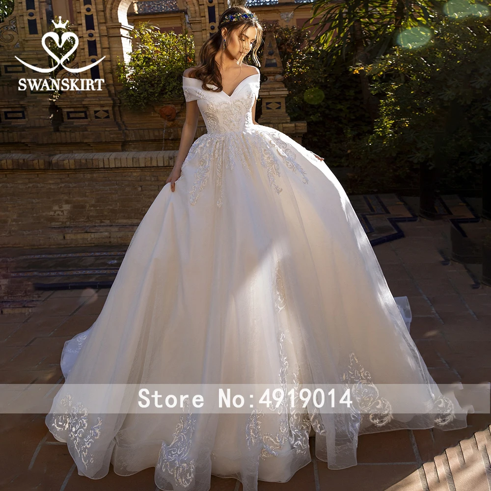 Swanskirt длинное бальное платье со шлейфом свадебное 2020 с аппликацией из бисера