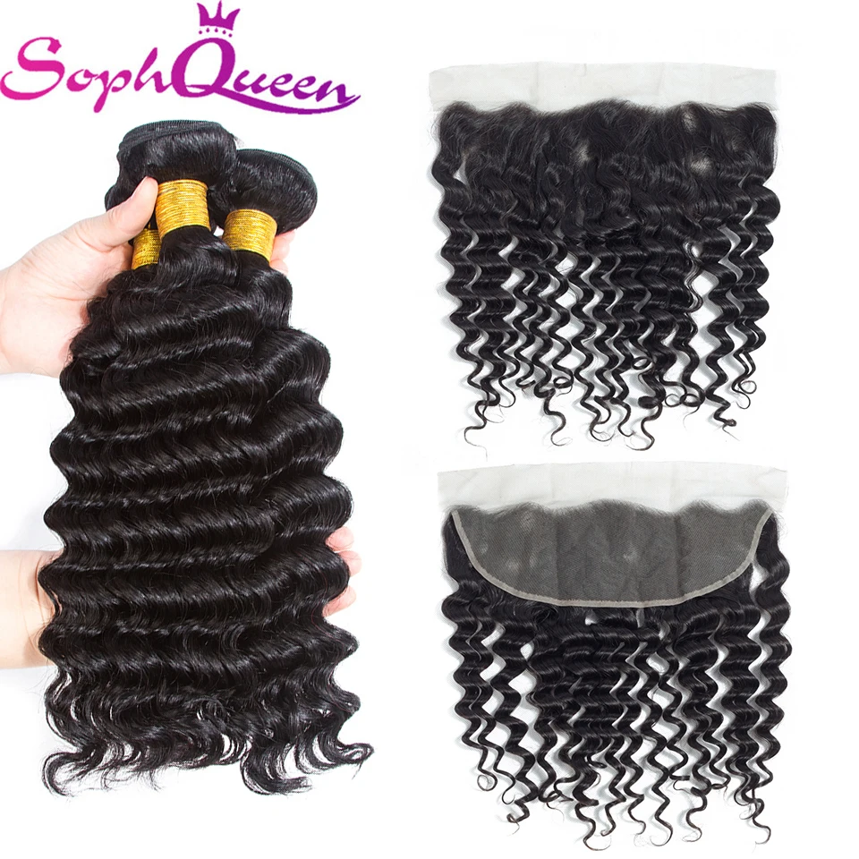 Soph Queen Deep Wave Bundles With Frontal Malaysia Hair Weave 3 Bundles With Closure Remy Human Hair Lace Frontal Natural Black