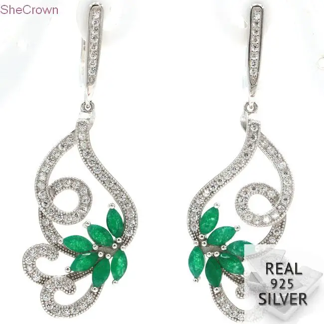 

7.85g Real 925 Solid Sterling Silver Elegant Butterfly Real Green Emerald CZ Ladies Gift Earrings 49x16mm