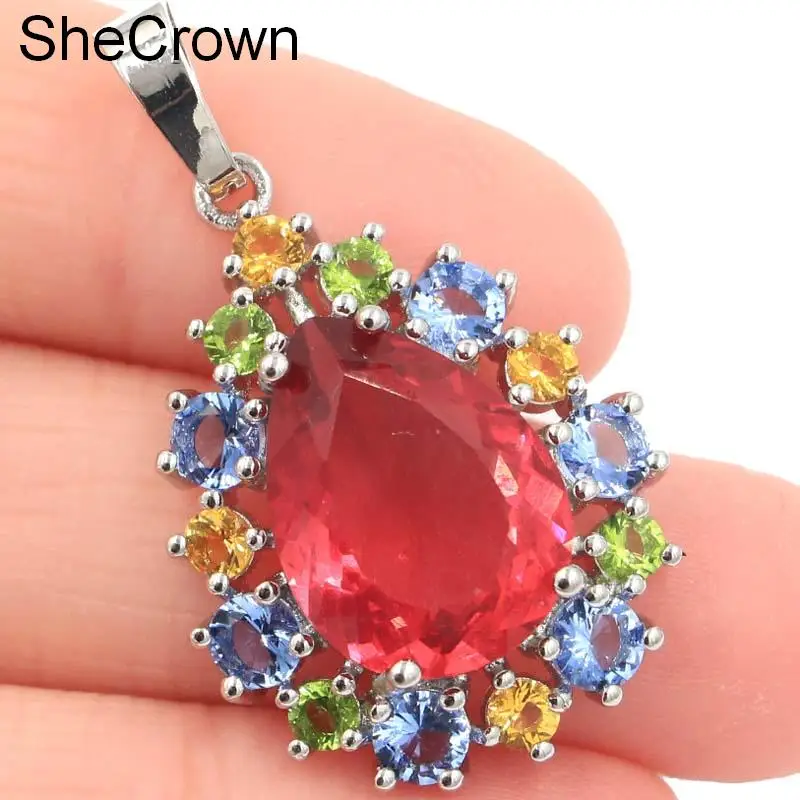 

Romantic Drop Shape Created Golden Citrine Sister Silver Pendant 35x21mm