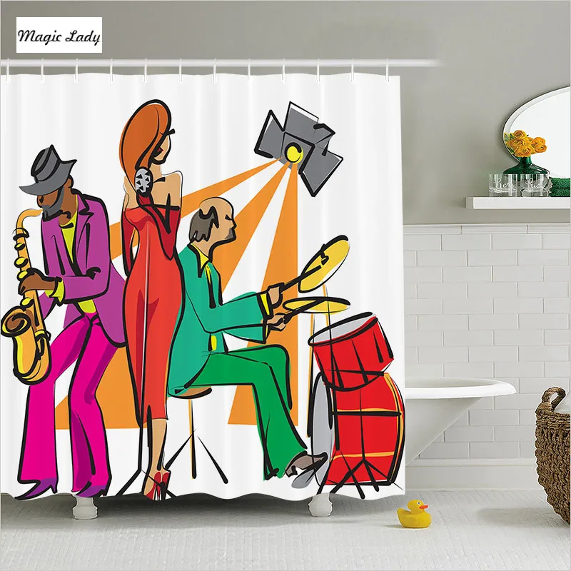 Shower Curtain Music Bathroom Accessories Jazz Band Drums Singer Saxophone Stage Singer Neon