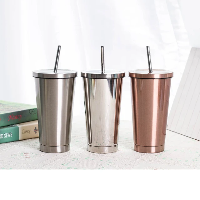 Cheap 498ml 17oz Fashion Portable Coffee Mug With lid Straw Double Wall Stainless Steel Vacuum flask Travel Tea milk mugs thermos cup