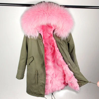 Новая длинная армейская зеленая зимняя женская куртка Уличная мода Парка Воротник из натурального меха енота Пальто Мех - Цвет: color 14
