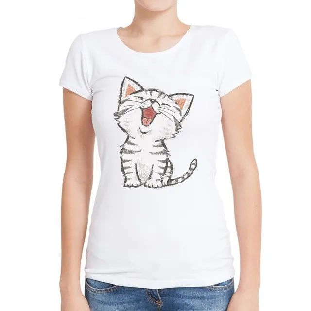 

American Shorthair Women T Shirts Short Sleeve Fashion O-Neck T-Shirt Happy Cat Cartoon Printing Lady Tops Funny Casual Slim Tee