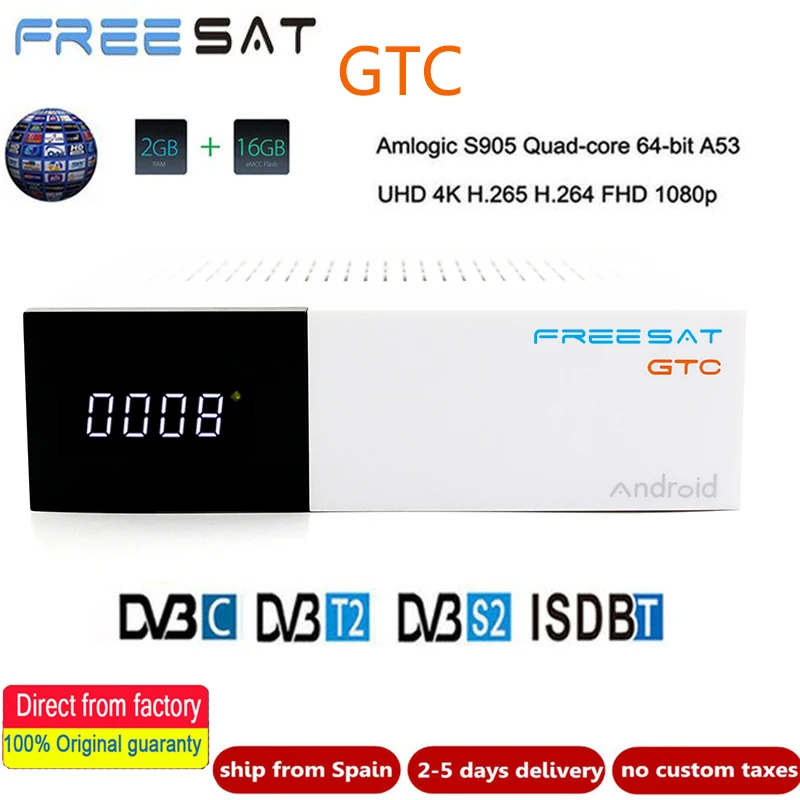 

Original Freesat GTC Satellite Receiver DVB-S2 DVB-C DVB-T2 ISDB-T 2GB RAM 16GB ROM Wifi IPTV Android BOX + 1 year free cccam