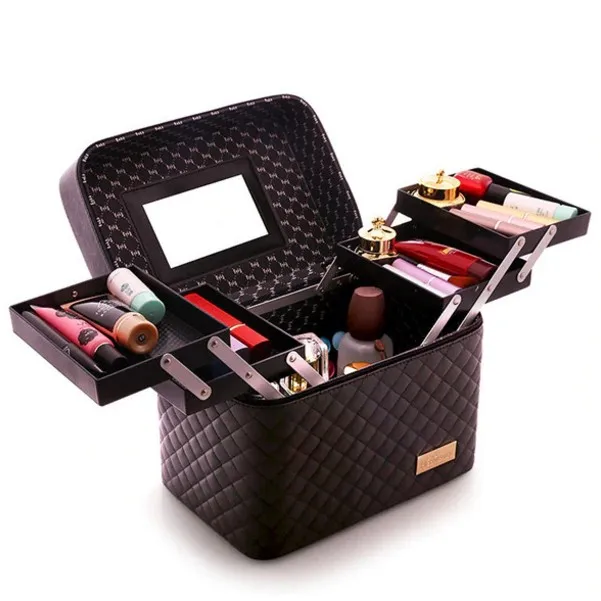 Женская Профессиональная сумка, портативный органайзер для макияжа, большая емкость, многослойная коробка для хранения, чемодан для маникюра, для хранения - Цвет: black