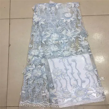 

2018 French lace fabric blue wedding Dress high-end african tulle lace fabric 3d flower embroidered tulle lace fabric HJ1022-1