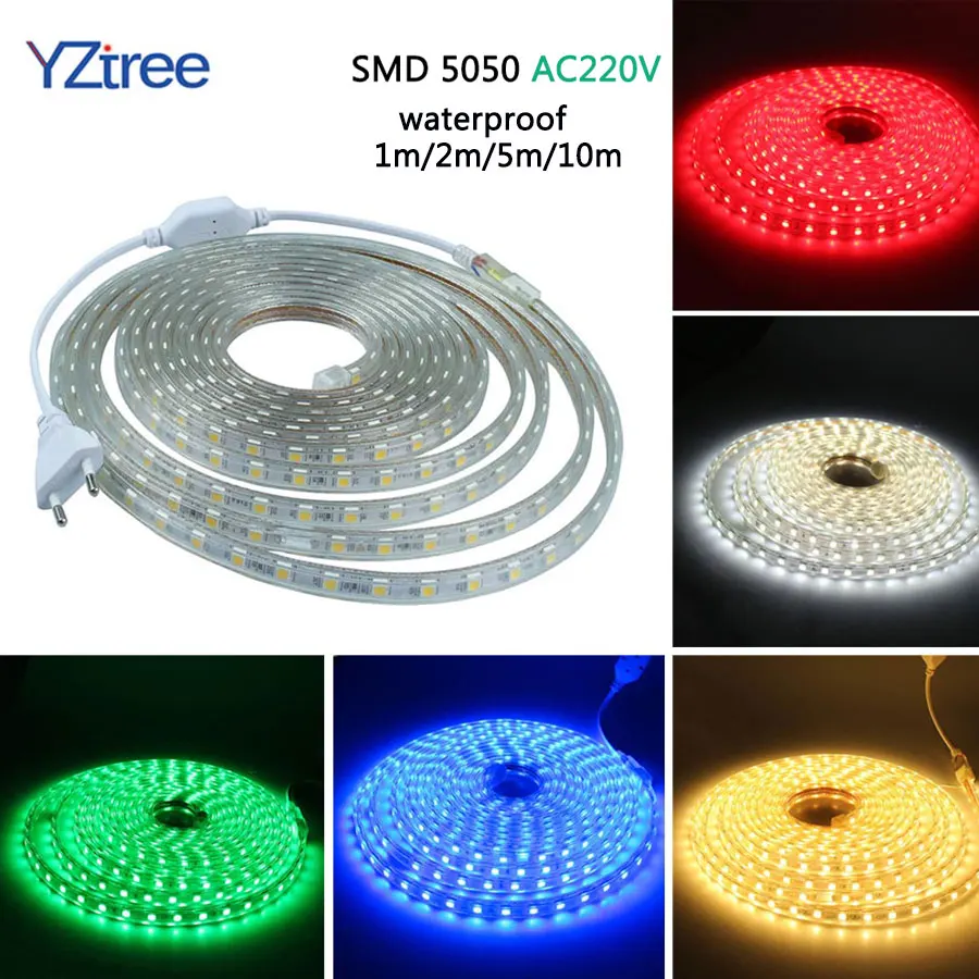 SMD 5050 LED Strip Light AC220V 60LEDs m Flexible Waterproof Decor Lighting String Tape LED Lamp EU Plug 1M 2M 5M 10M