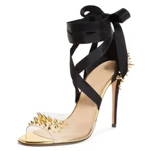 Summer Sandals Women Gold Strappy Heels Clear PVC Rivets Stiletto Heel Sandals Gladiator Peep Toe Women Party Wedding Shoes clear strappy design stiletto heels