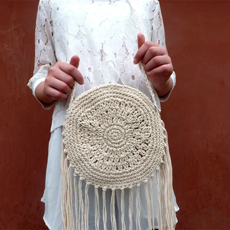 Women Circle Straw Bags Summer Beach Tassel Female INS Popular Shoulder Bag Lady Casual Handmade Weave Round Crossbody SS3108 (12)