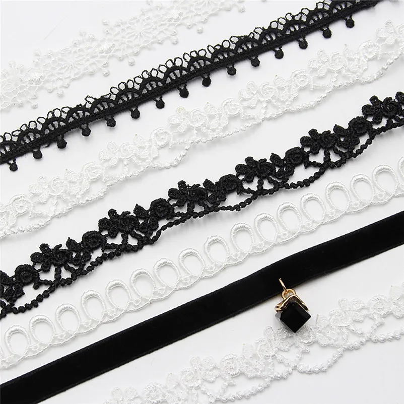 7 Pieces Trendy chokers necklaces Collar Set Stretch Velvet Classic Gothic Lace chain Party Jewelry Neck accessories A08#N (1)