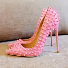 Sexy Rivets Pointed Toe High Heel Pumps Pink Red Patent Leather Party Shoes Fashion Thin Heels Shallow Women Shoes Wedding Shoe sexy high heel shoes gladiator women platform pumps pointed toe heels wedding shoes stiletto19cm leather women party shoes 44 47