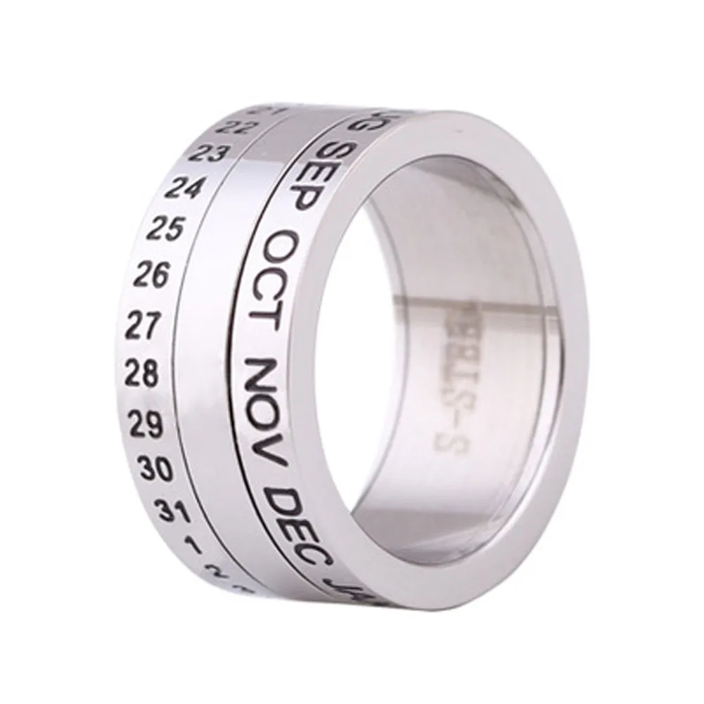 Number and Month Calendar Letter Rotatable rings for men Stainless Steel Punk Party Ring Jewelry