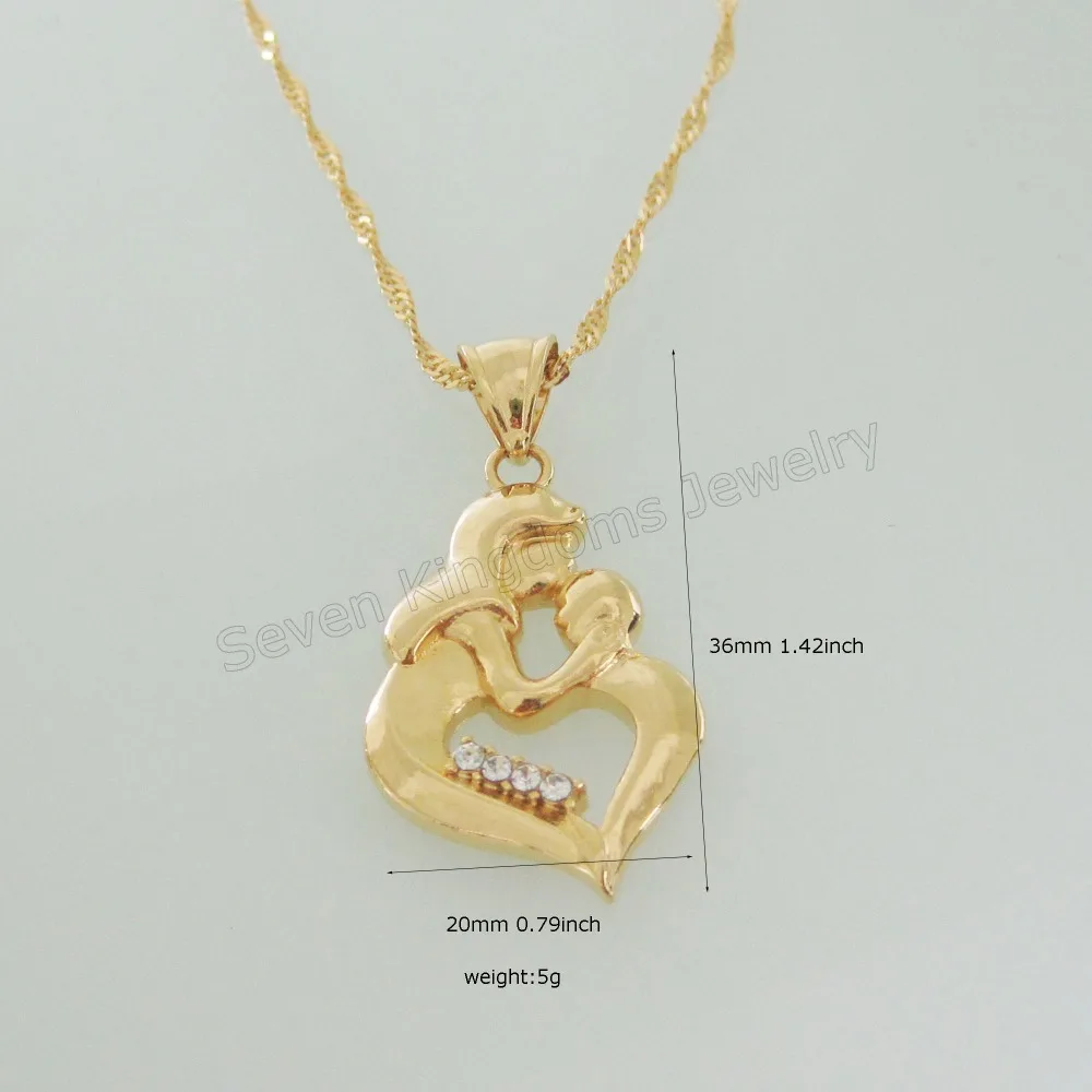 Min Order 10$/ VIVID - YELLOW GOLD OVERLAY 18&quot NECKLACE &amp MUM MOM HUG BABY IN ARM CZ STONE HEART SHAPE PENDANT HANGS 1.42&quot |