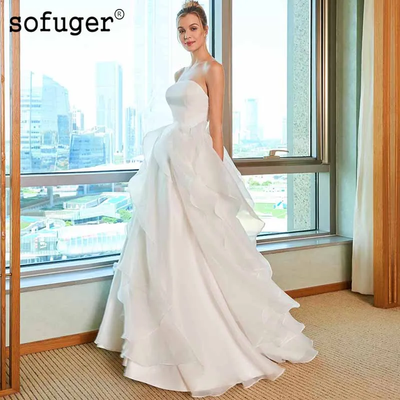 

White Ivory Sleeveless Strapless Organza Tiered Wedding Dresses Bridal Gown Wedding Vestidos de Noivas Custom