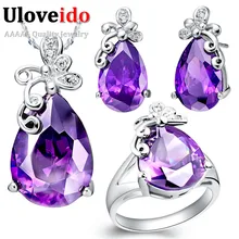 Uloveido груша CZ камень с серебряное кольцо-бабочка принцесса ожерелье, серьги-пуссеты Набор Красный Фиолетовый Кристалл женский ювелирный набор T074