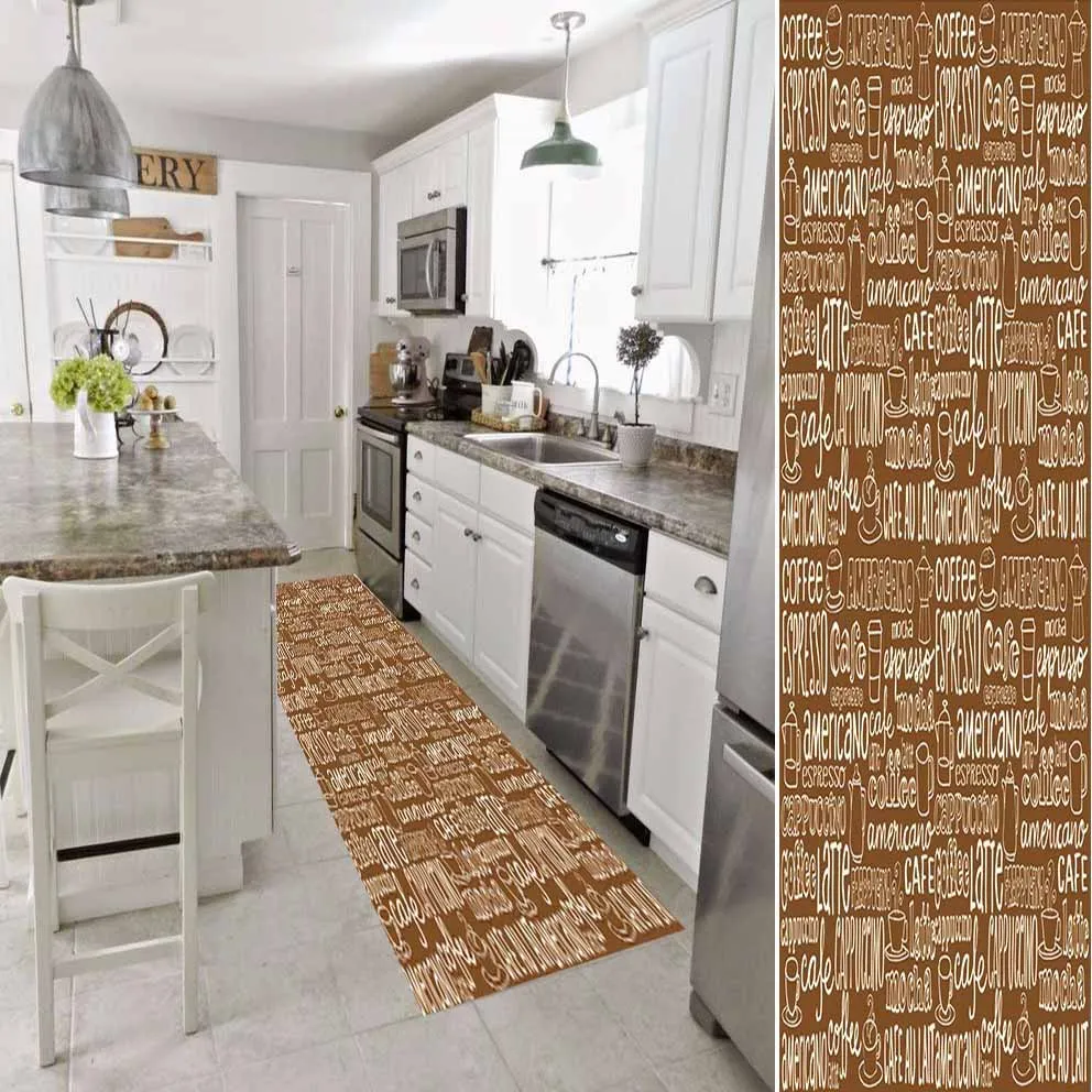 

Else Brown White Coffee Writen Kitchen 3d Print Non Slip Microfiber Washable Long Runner Mat Kitchen Rugs Hallway Carpets
