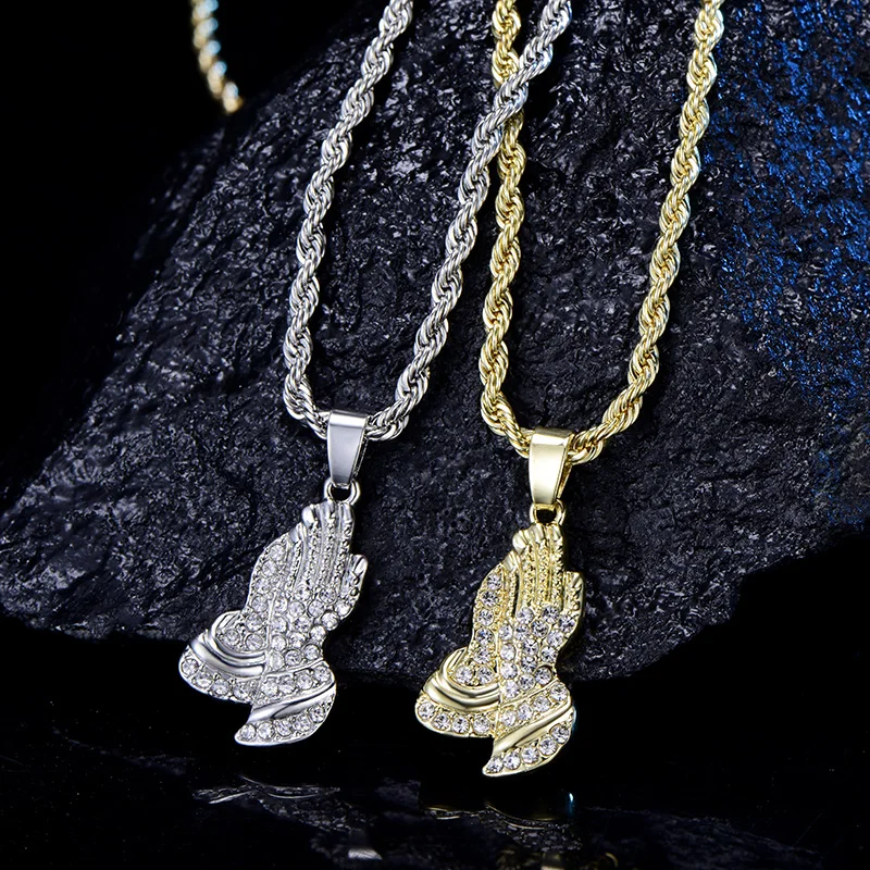 Ожерелье с подвеской в виде руки молитвы, очаровательное ювелирное изделие из сплава с кристаллами в стиле хип-хоп, Мужская цепочка с льдом, подвеска на руки и ожерелье