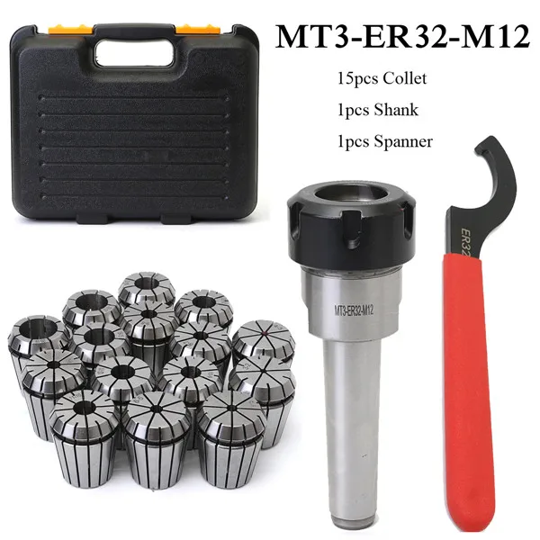 

MT3 ER32 M12 Collet Chuck Taper Holder + 15Pcs ER32 Spring Collet 3-20mm Spanner