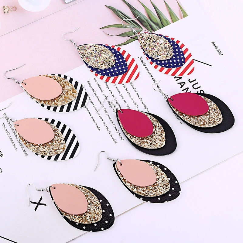 

Three Layers Leather Glitter Stripe Teardrop Earrings Flag Leather Earrings Leaf Drop Earrings boucle d'oreille ethnique