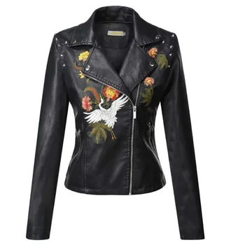 

Short Faux Leather Jacket Coat Women Floral Print Embroidery Pu Motorcycle Black Jacket Turn-down Streetwear Punk Outerwear PY18