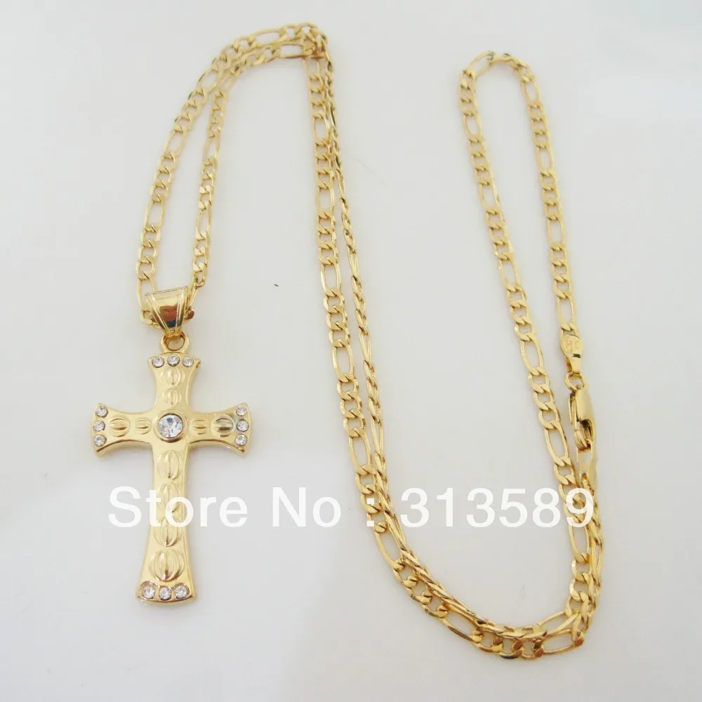 YELLOW GOLD GP PLTED 24INCH 1by 3 FIGARO CHAIN NECKLACE WITH JESUS CROSS CZ STONE ON THE MIDDLE PENDANT Crucifix | Украшения и