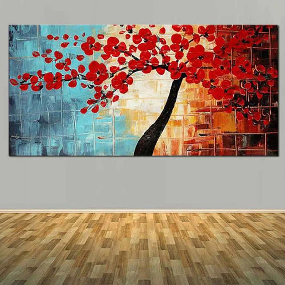 

Modern Hand Painted Abstract Blomming Flower Tree Canvas Oil Painting Abstract Red Flower Wall Picture Living Room Home Decor