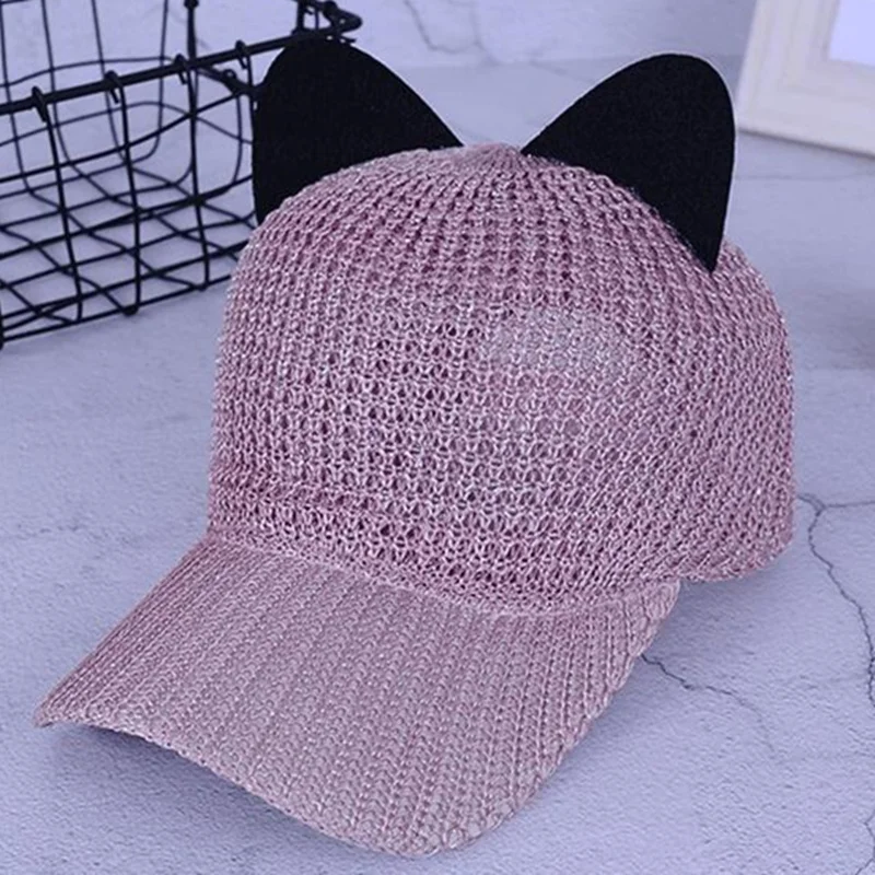 

Seioum New Fashion Women Sequins Cat Ear Baseball Cap Curved Brim Snapback Hats Hip Hop Caps Summer Solid Sun Hat