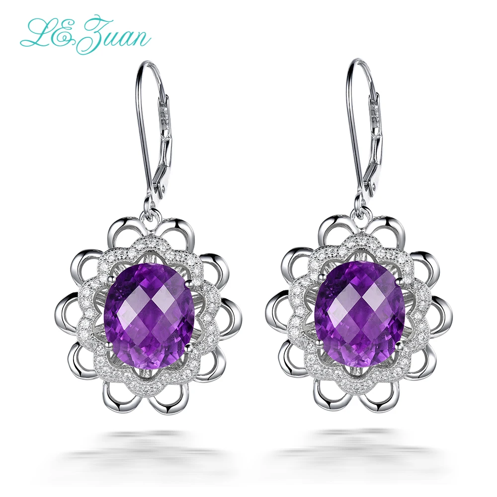 

L&zuan Real 925 Sterling Silver Drop Earrings For Women 9.1ct Natural Amethyst Checkerboard Cut Gems Jewelry Luxury Earring
