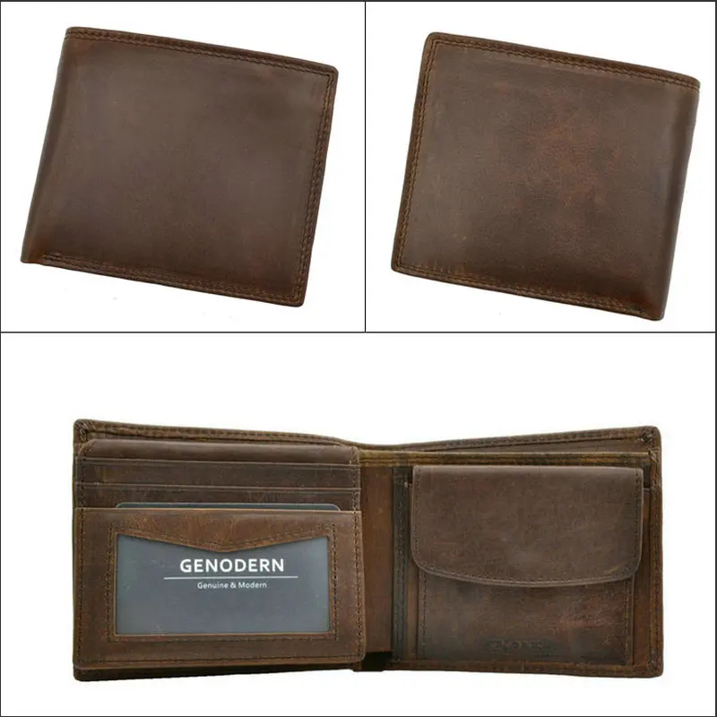 GENODERN Cow Leather Men Wallets with Coin Pocket Vintage Male Purse Function Brown Genuine Leather Men Wallet with Card Holders