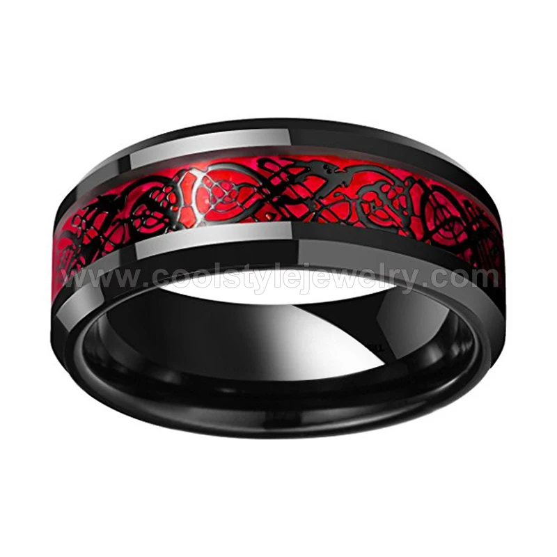 8 мм Черный обручальное кольцо для мужчин и женщин Вольфрам обручальное кольцо с красным опалом и черный дракон инкрустация Новые поступления