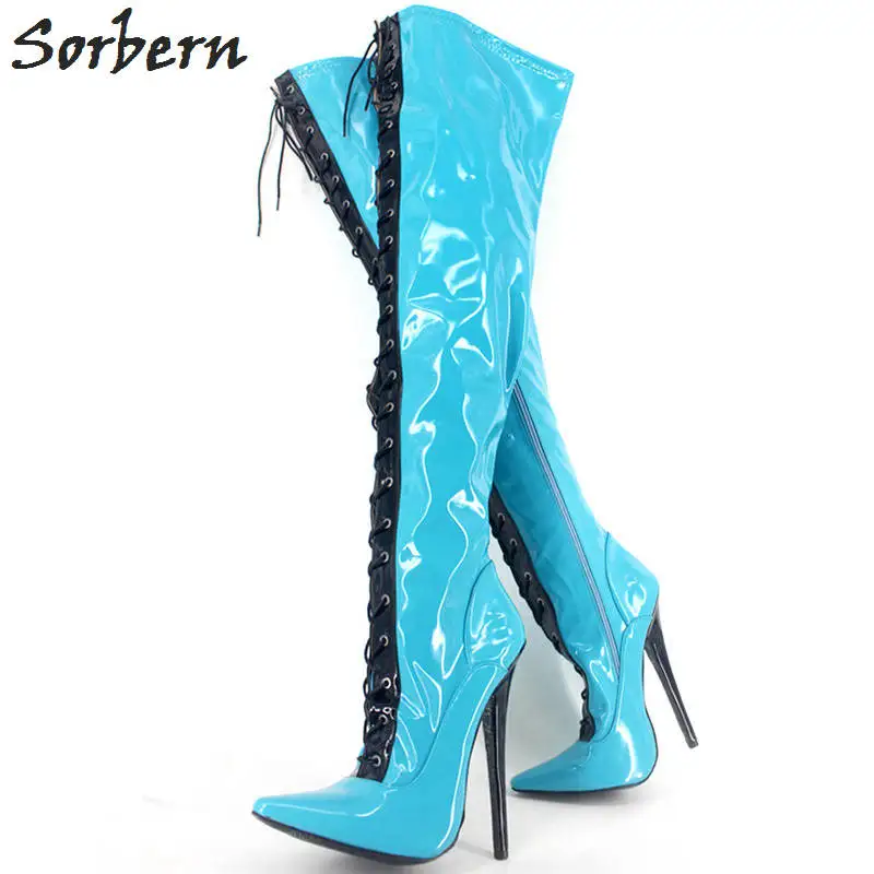 

Sorbern Patent Women Boots 18cm High Heels Boots 2018 Lace Up Pointed Toe Botines Mujer Over The Knee Length Boots Plus Size