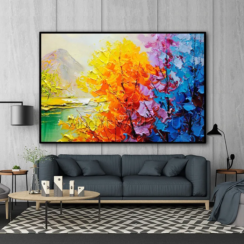 

Gold art canvas trees painting wall art pictures for living room home wall decor thick texture Acrylic Landscape quadros caudros