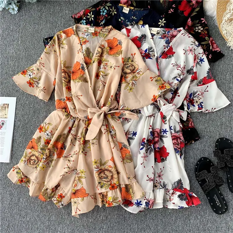 

NiceMix Fashion Boho Beach Striped Print Jumpsuit Women Summer Bandage Chiffon Split Boot Cut Long Romper Female Casual Bohemian