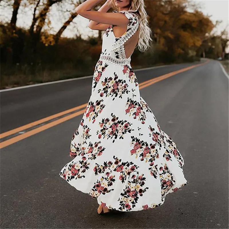 Floral Print Short Sleeve Sexy Backless Long Dress  