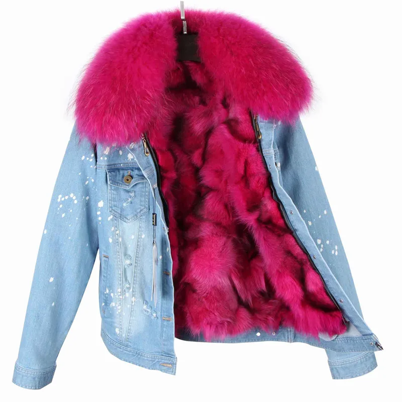 Новое модное женское зимнее пальто воротник мех енота Куртка деним подклад мех лисы бренд стиль парка - Цвет: color 7