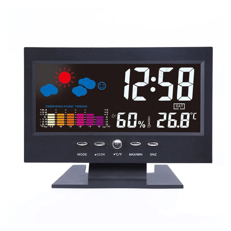 

Creative LCD Digital Alarm Clocks New Acoustic Control Light Desktop Clock Weather Temperature Humidity Date Electronic Clocks