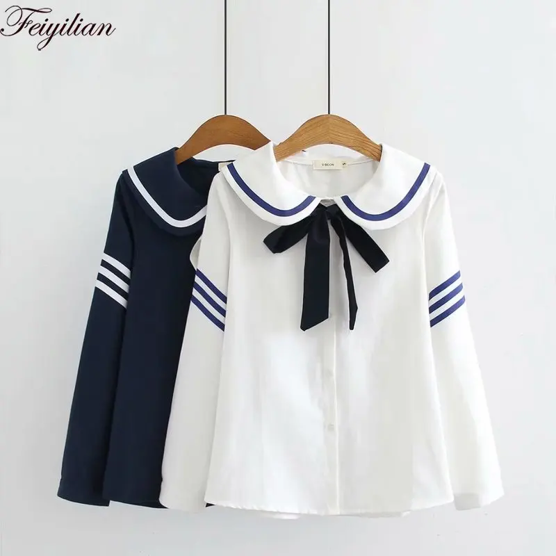 

New Women navy wind Blouse Girls Preppy Style Shirt Turn-down Collar Bow Flare Sleeve Spring Autumn Top