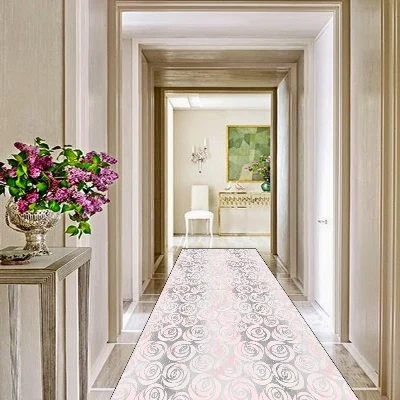 

Else Pink Gray Flowers Roses Scandinavian 3d Print Non Slip Microfiber Washable Long Runner Mats Floor Mat Rugs Hallway Carpets
