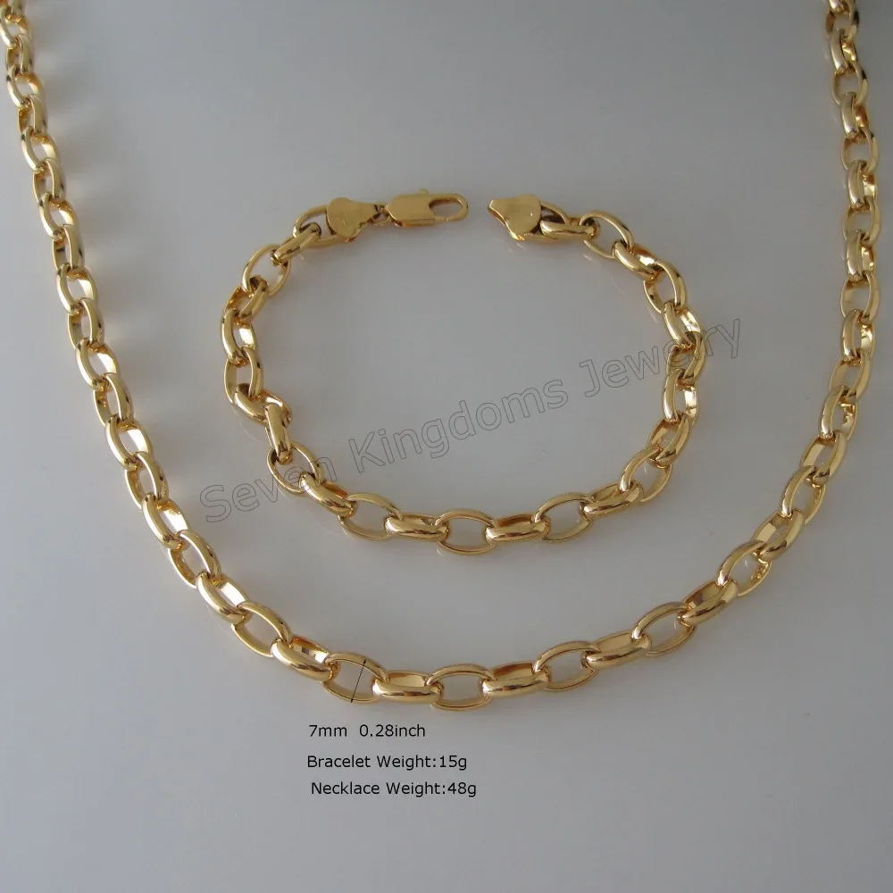 

Min order is ONE PIECE - YELLOW GOLD GP 48g / 15g OVAL PLAIN CHAIN 24" NECKLACE & 8.3" BRACELET SET LENGTH CAN BE SHORT