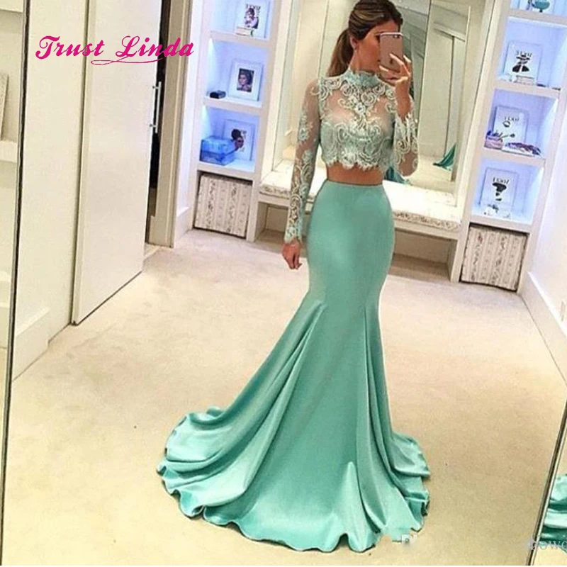 

Two Piece Prom Dresses 2018 Long Sleeves High Neck Mermaid Lace Bridemaids Dresses For Wedding Vestidos De Dama